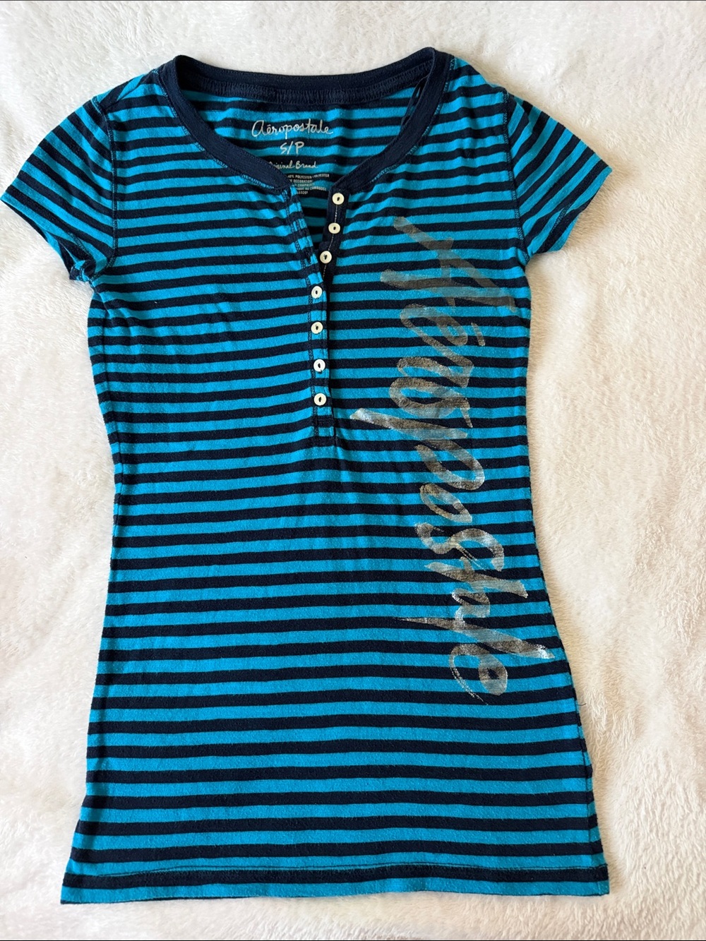 Aeropostale Girls Blue & Navy Blue Striped Henley Tee with Metallic Script